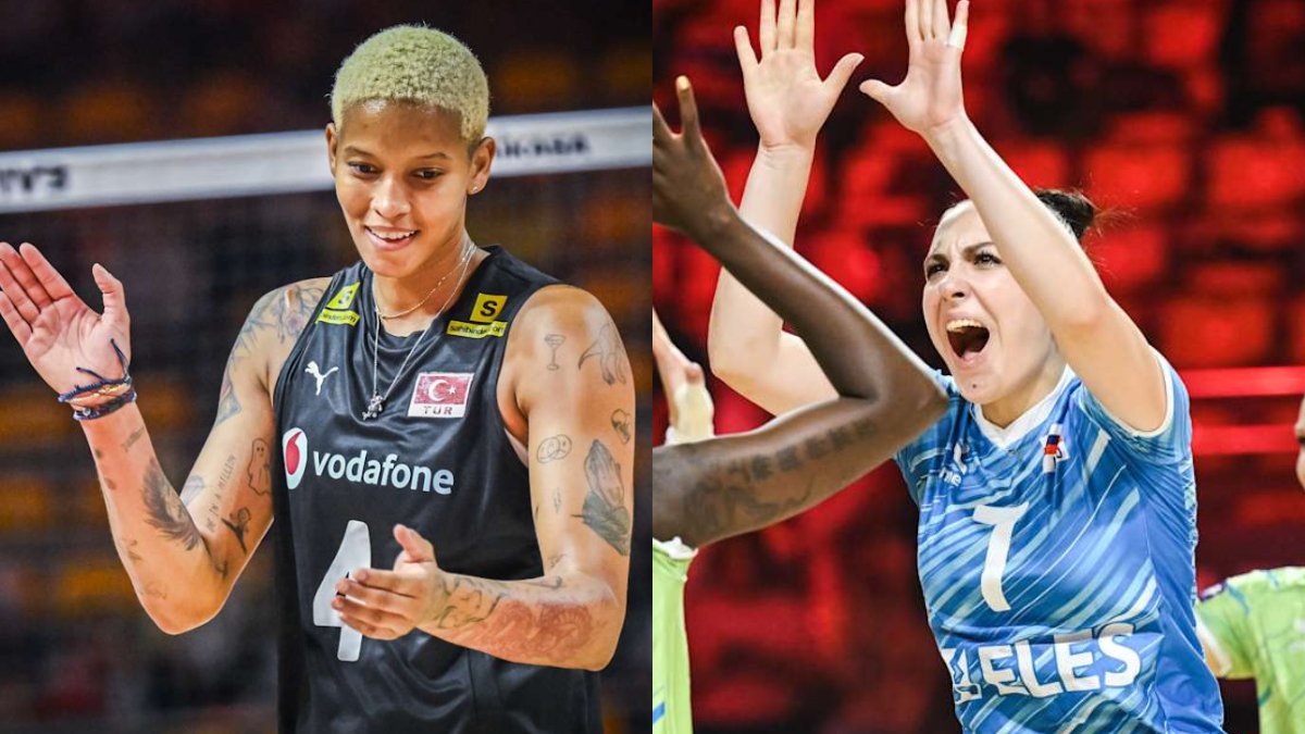 Jogadoras de Turquia e Eslovênia no Mundial Feminino de Vôlei (foto: Divulgação FIVB)