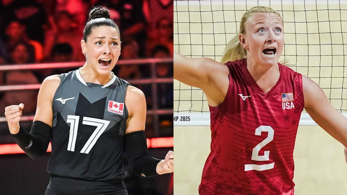 Jogadoras de Canadá e Estados Unidos no Mundial Feminino de Vôlei (foto: Divulgação FIVB)