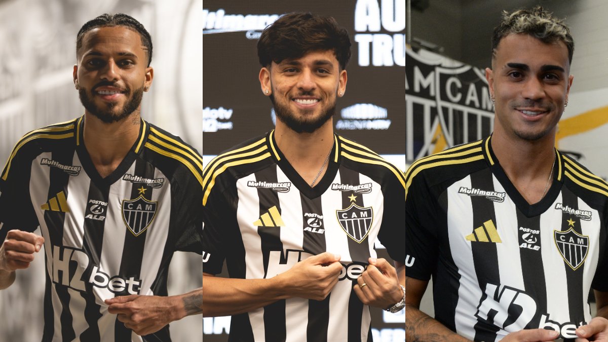 Alexsander, Biel e Reinier, novos reforços do Atlético (foto: Pedro Souza / Atlético, Pedro Souza / Atlético e Tulio Santos/EM/D.A.Press)