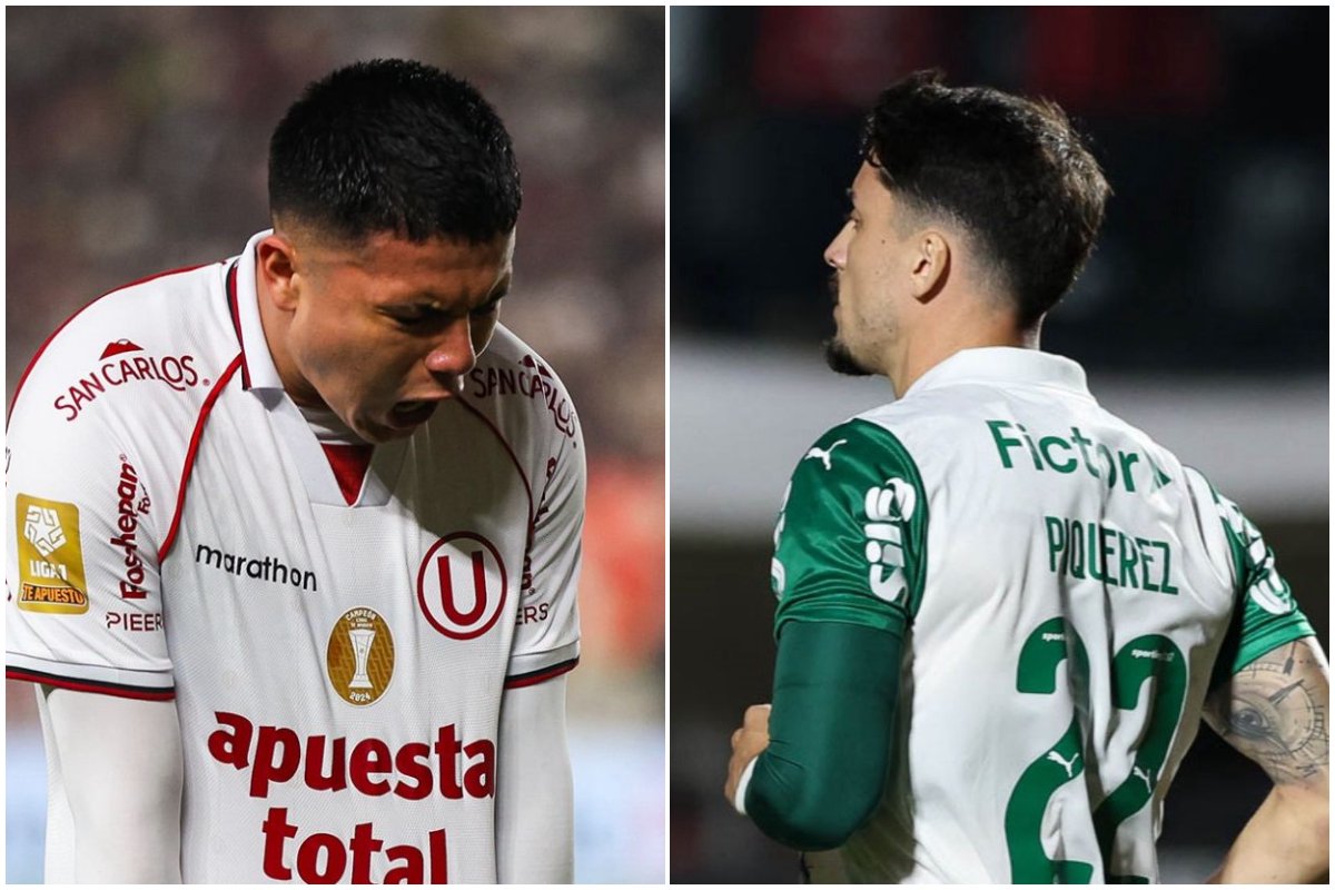 Jogador estica camisa do Universitario como forma de comemoração, e jogador do Palmeiras de costas (foto: Divulgação/Universitario e Cesar Greco/Palmeiras)