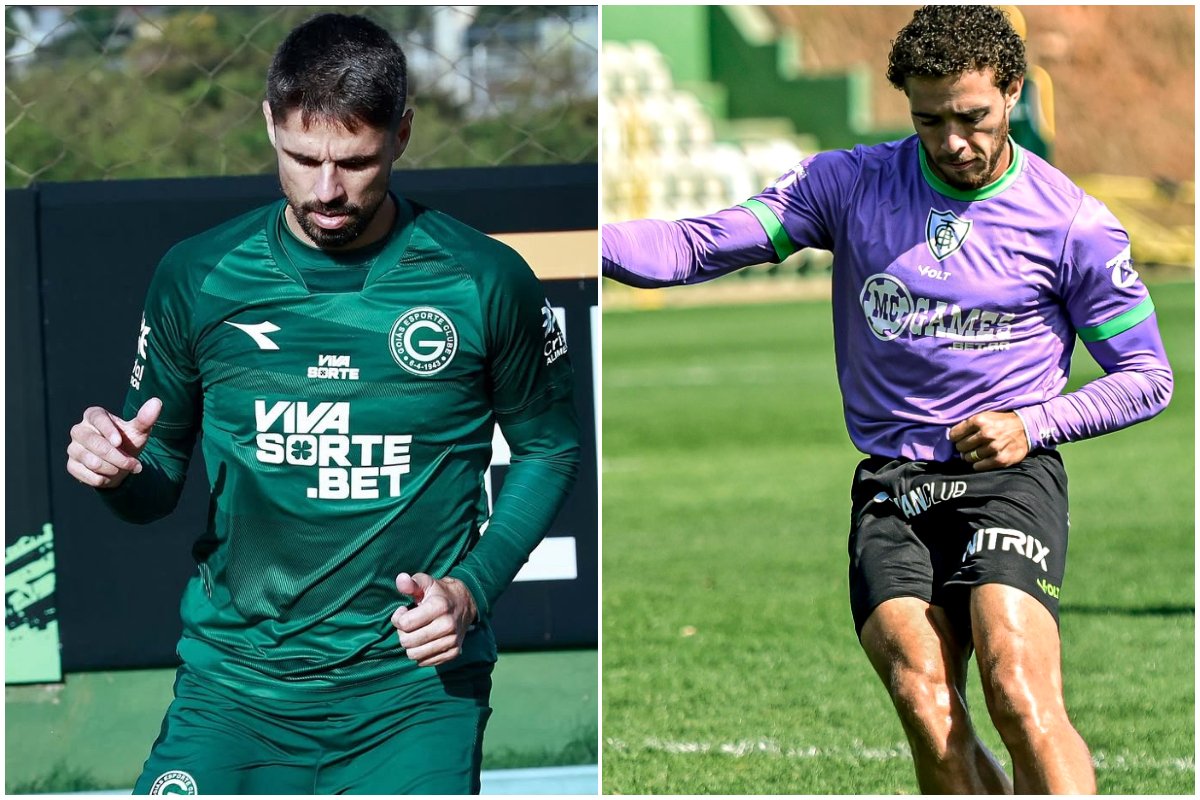 Jogador dos Goiás e América durante treino (foto: Divulgação/Goiás e Mourão Panda/América)