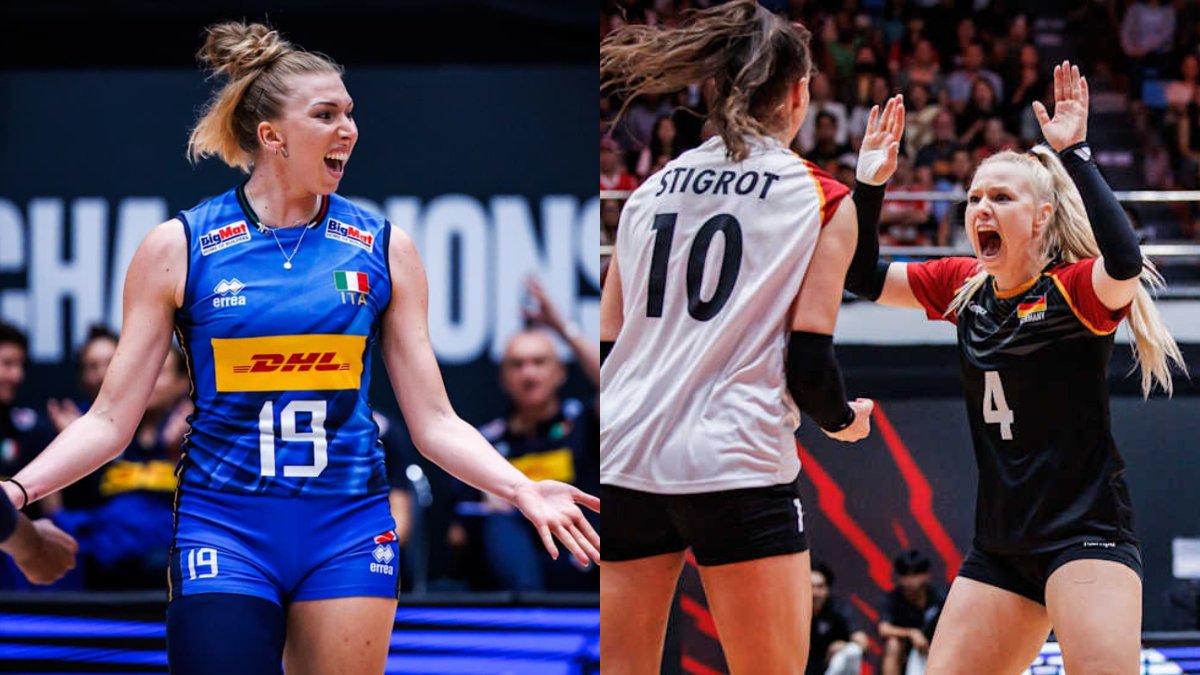 Jogadoras de Itália e Alemanha no Mundial Feminino de Vôlei (foto: Divulgação FIVB)