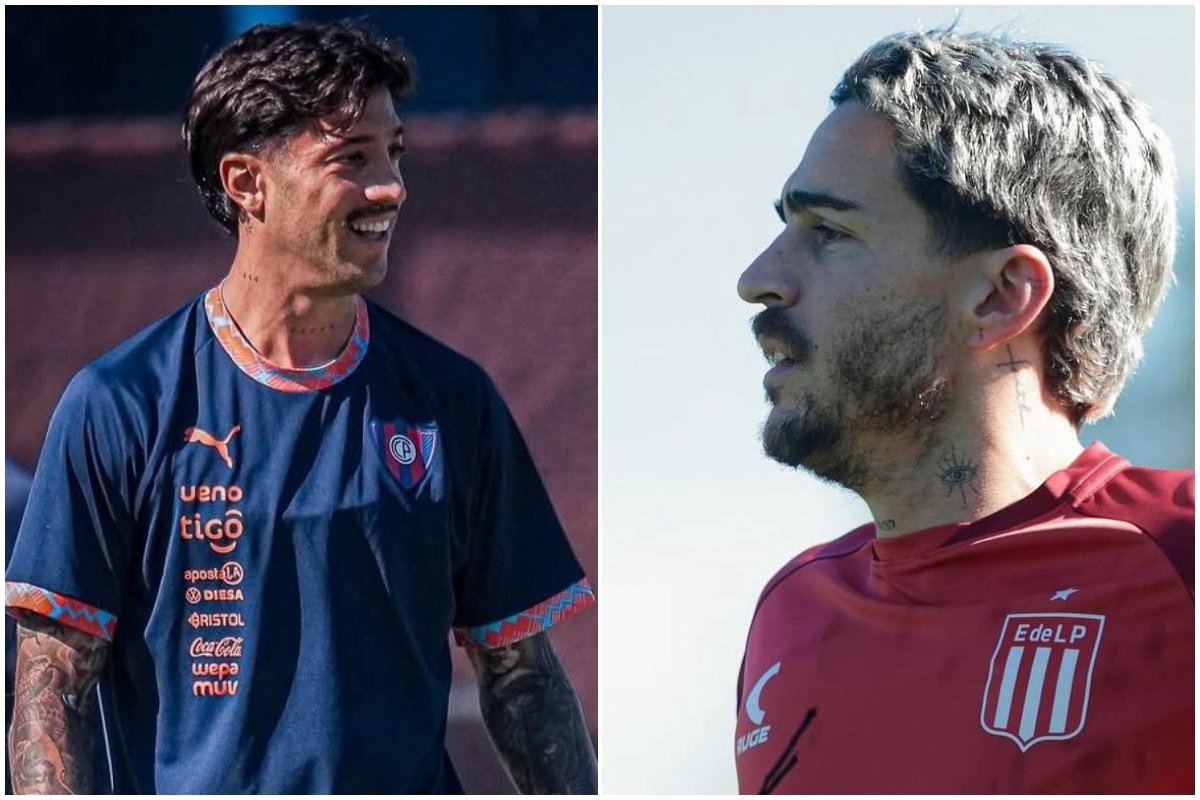 Jogador do Cerro Porteño de camisa de manga curta azul e jogador do Estudiantes de camisa de manga curta vermelha, ambos durante treino (foto: Divulgação/Cerro Porteño e Divulgação/Estudiantes)