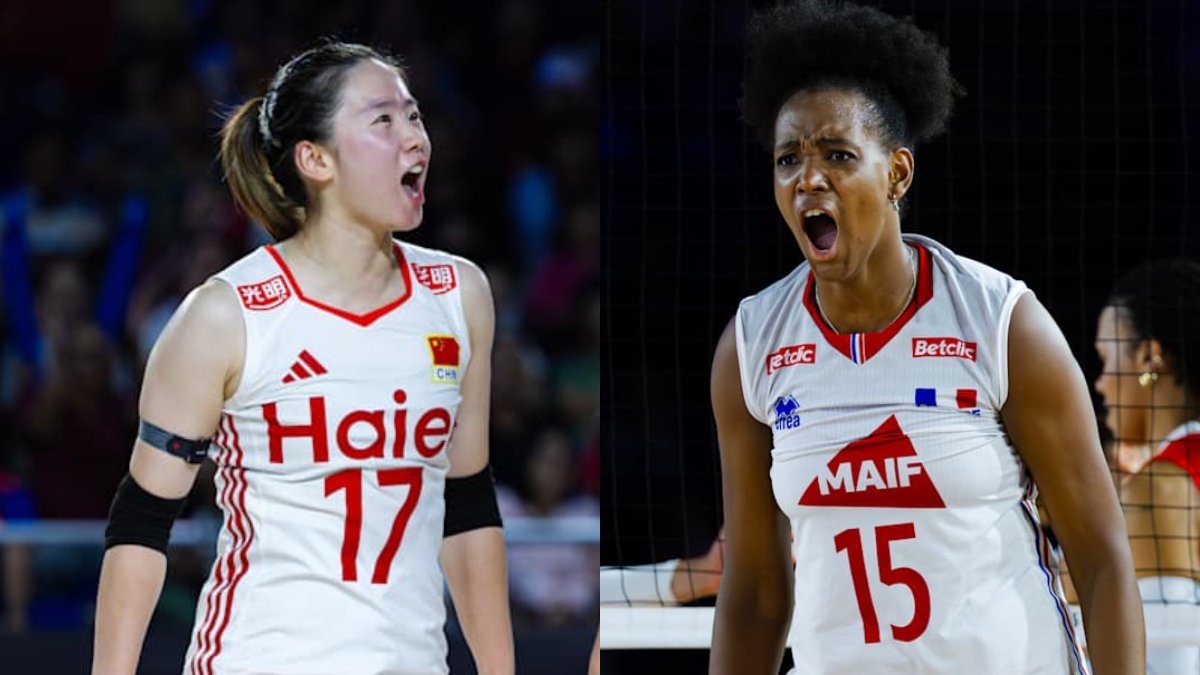 Jogadoras de China e França no Mundial Feminino de Vôlei (foto: Divulgação FIVB)