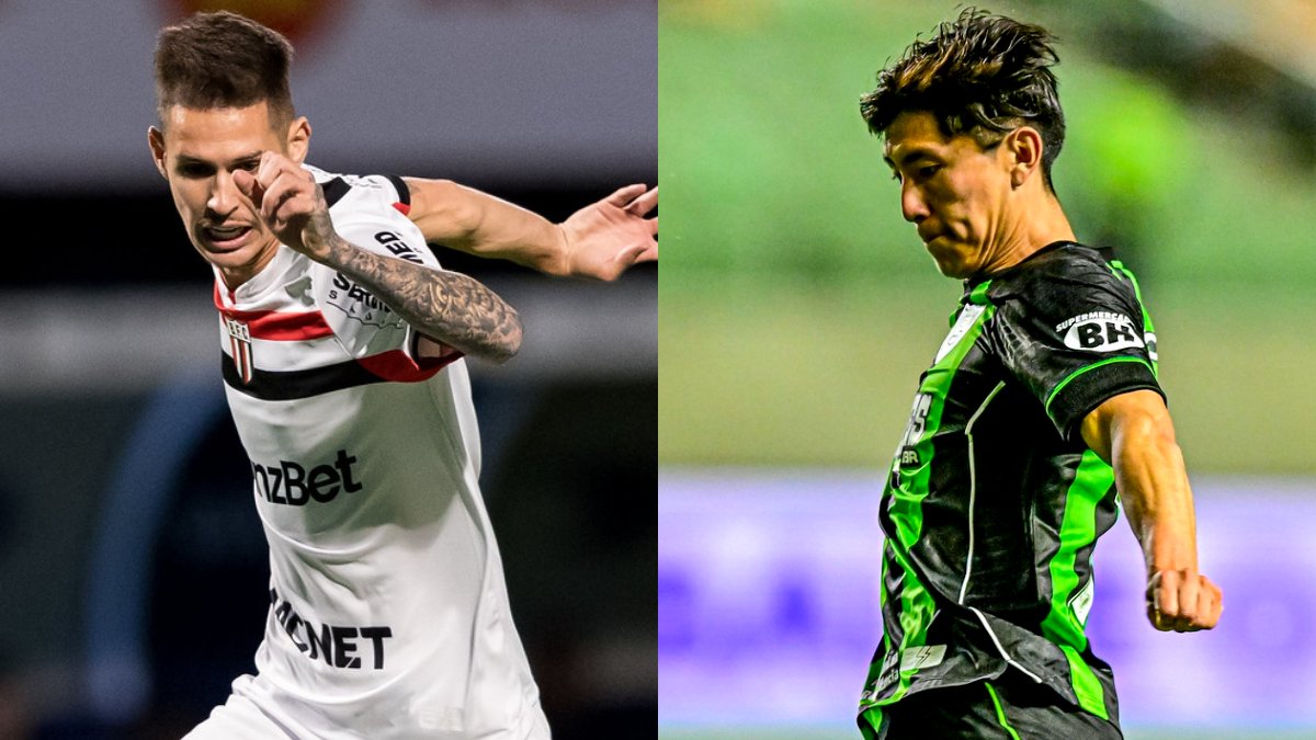 Jogadores de Botafogo-SP e América (foto: Léo Piva/Agência Botafogo/Divulgação e Mourão Panda / América)