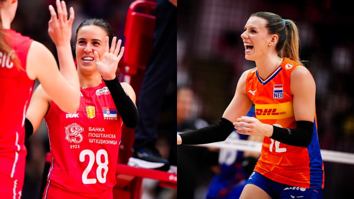 Jogadoras de Sérvia e Holanda no Mundial Feminino de Vôlei (foto: Divulgação FIVB)