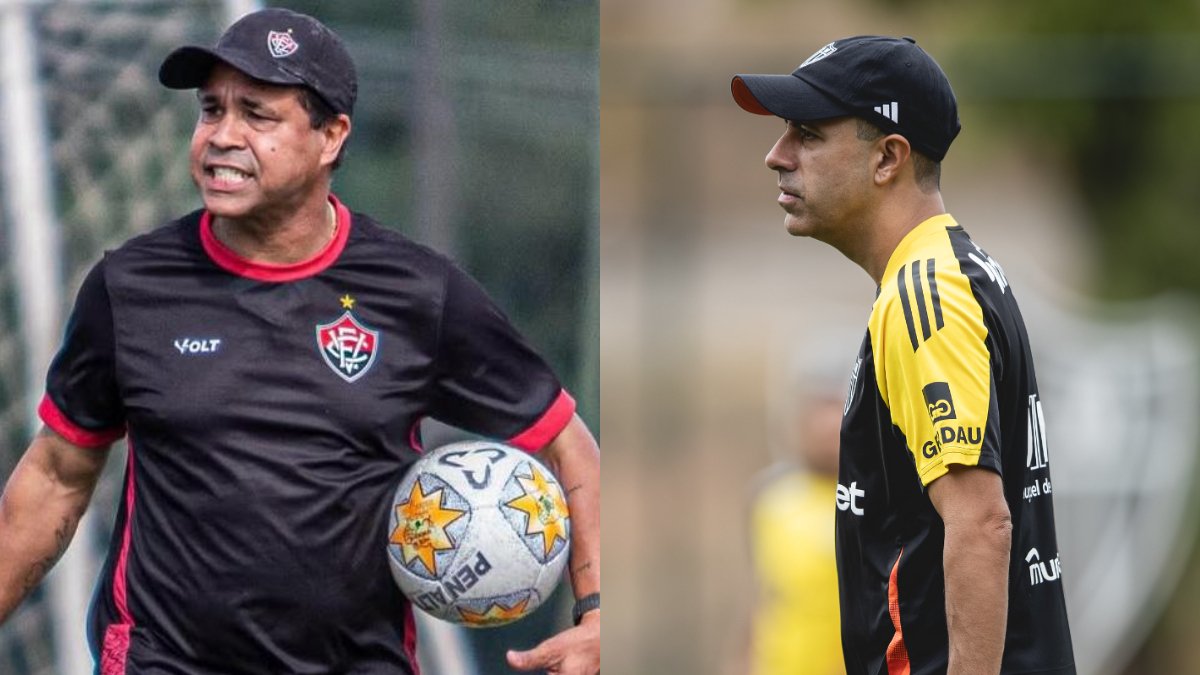 Rodrigo Chagas, técnico do Vitória, e Lucas Gonçalves, treinador do Atlético (foto: Kátia Porto - ECV e Pedro Souza / Atlético)