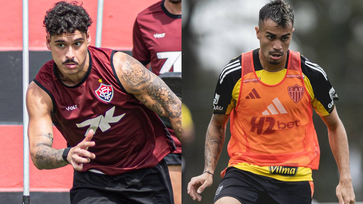 Lucas Halter, do Vitória, e Reinier, do Atlético, em treinamentos (foto: Victor Ferreira / Vitória e Pedro Souza / Atlético)