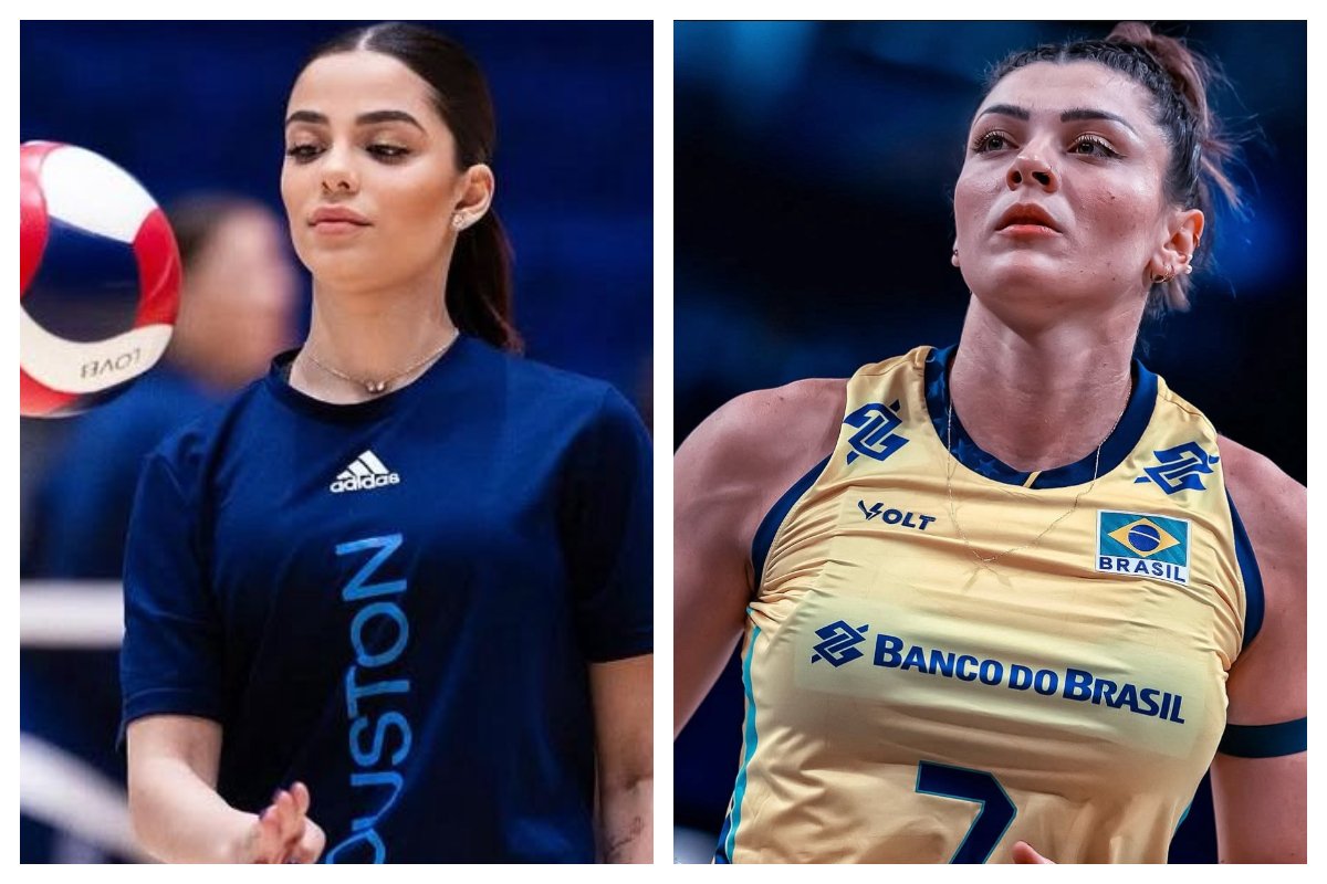 Jogadora de Vôlei, Key Alves em quadra e jogadora Rosamaria também em quadra (foto: Divulgação/Key Alves e Divulgação/Rosamaria)