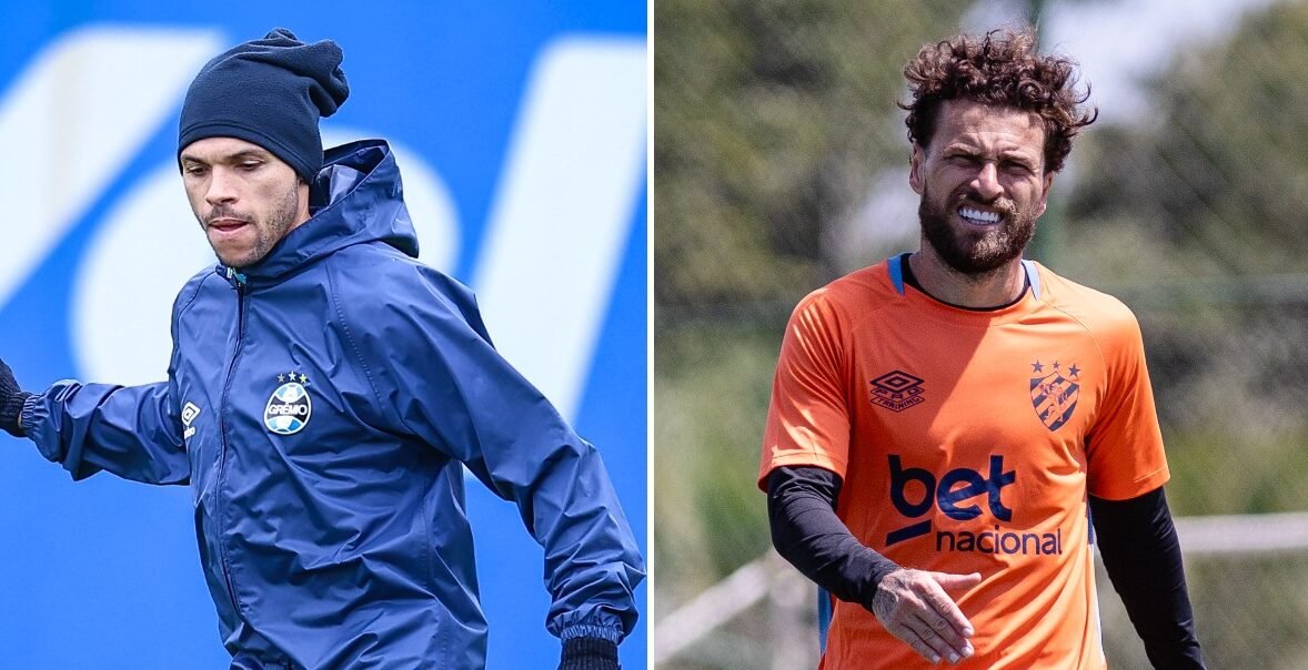 Jogador do Grêmio com casaco de frio e touca durante treno e jogador do Sport com blusa de manga longa durante treino (foto: Lucas Uebel/Grêmio e Paulo Paiva/Sport Recife)