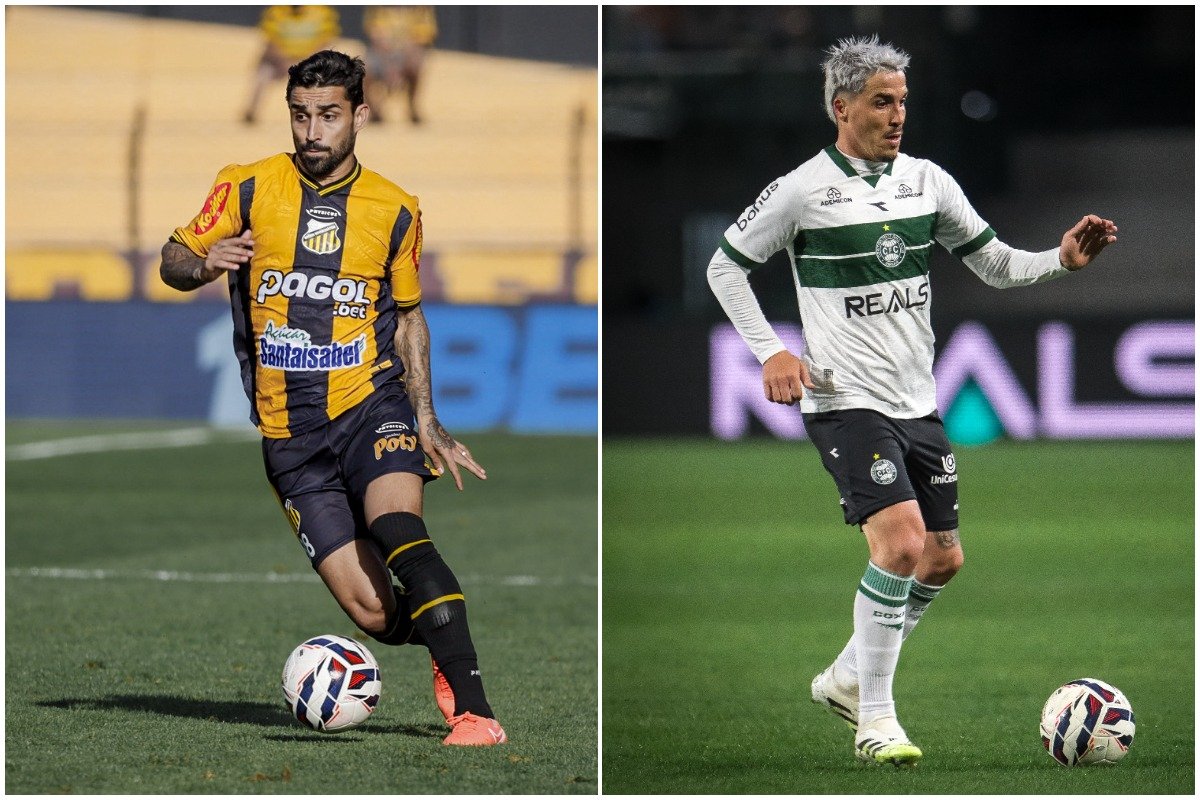 Jogador do Novorizontino conduz a bola e jogador do Coritiba se prepara para o passe (foto: Higgor Basso/Novorizontino e Divulgação/Coritiba)