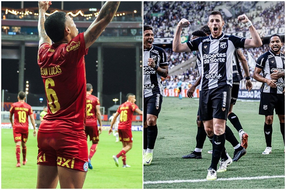 Jogador do Bahia comemorando gol e Jogador do Ceará comemorando gol com outros atletas do time (foto: Divulgação/Bahia e Divulgação/Ceará)