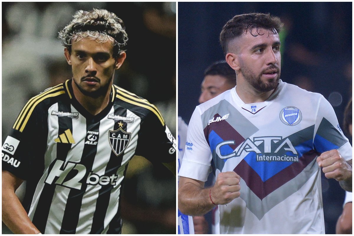 Gustavo Scarpa, meia do Atlético, e Agustin Auzmendi, atacante do Godoy Cruz (foto: Pedro Souza/Atlético e DANIEL DUARTE / AFP)