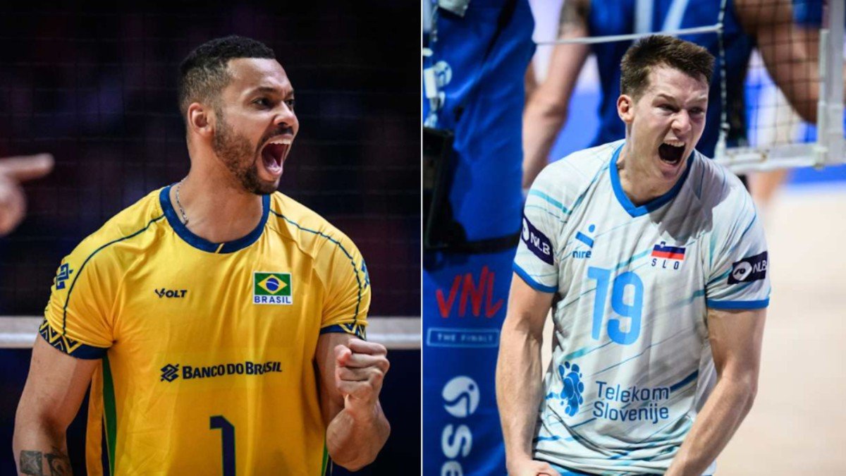 Jogadores de Brasil e Eslovênia na VNL Masculina (foto: FIVB/Divulgação)
