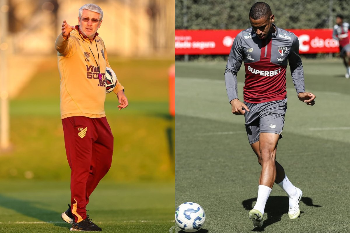 Odair Hellmann comanda treino do Athletico. André Silva conduz bola em treino do São Paulo. (foto: Divulgação/Athletico/Sã Paulo)