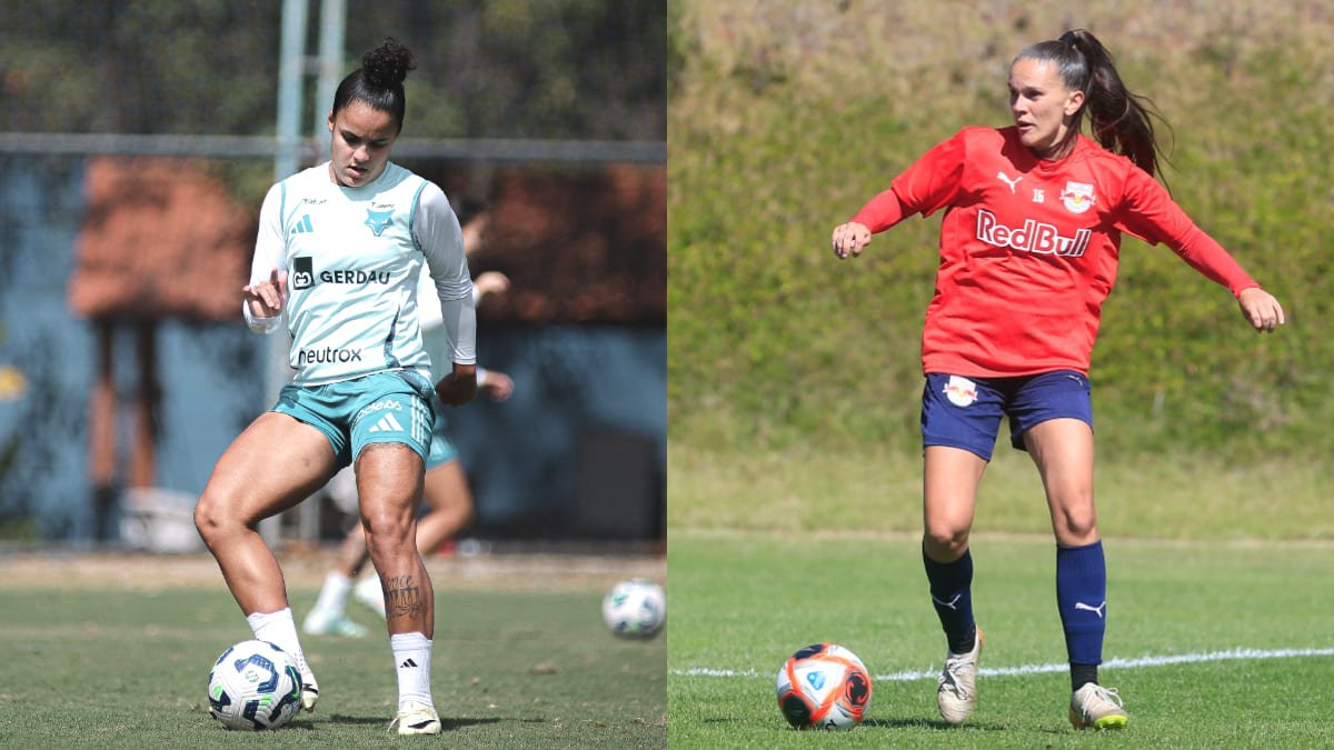 Isabela Chagas, lateral-direita do Cruzeiro, e Ilana Mendonça, zagueira do Bragantino (foto: Gustavo Martins/Cruzeiro; Fernando Roberto/Bragantino)