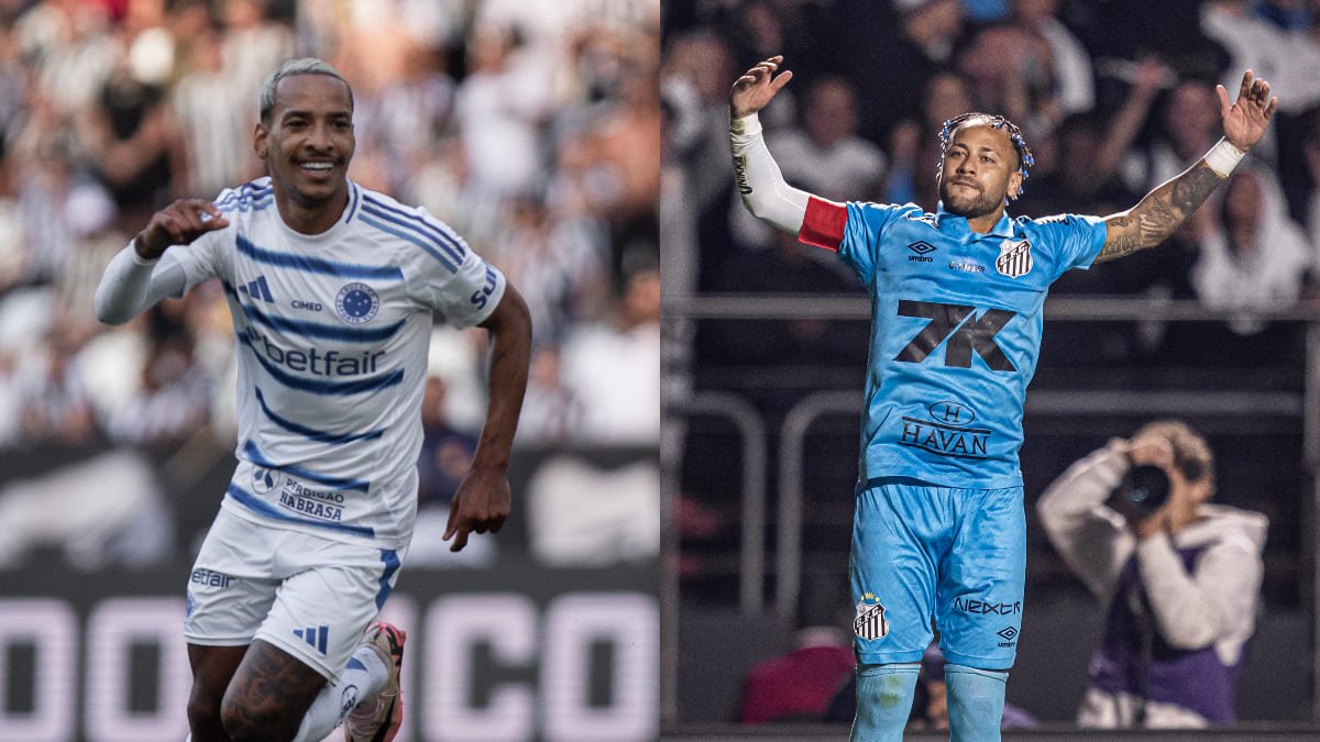Matheus Pereira, meio-campista do Cruzeiro, e Neymar, atacante do Santos, são dois dos principais destaques do confronto (foto: Rodrigo Ferreira/Cruzeiro; Raul Baretta/Santos)