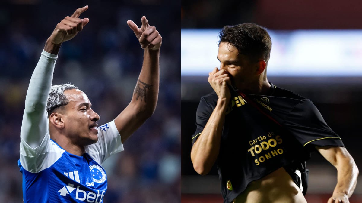 Matheus Pereira, meio-campista do Cruzeiro; e Pablo Maia, meio-campista do São Paulo (foto: Gustavo Aleixo/Cruzeiro; Rubens Chiri/São Paulo)