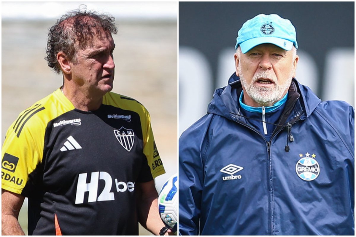 Cuca e Mano Menezes em treinos de Atlético e Grêmio (foto: Pedro Souza/Atlético e LUCAS UEBEL/GREMIO FBPA)