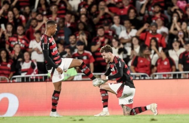 Jogadores do Flamengo comemoram gol (foto: Gilvan de Souza/CRF)