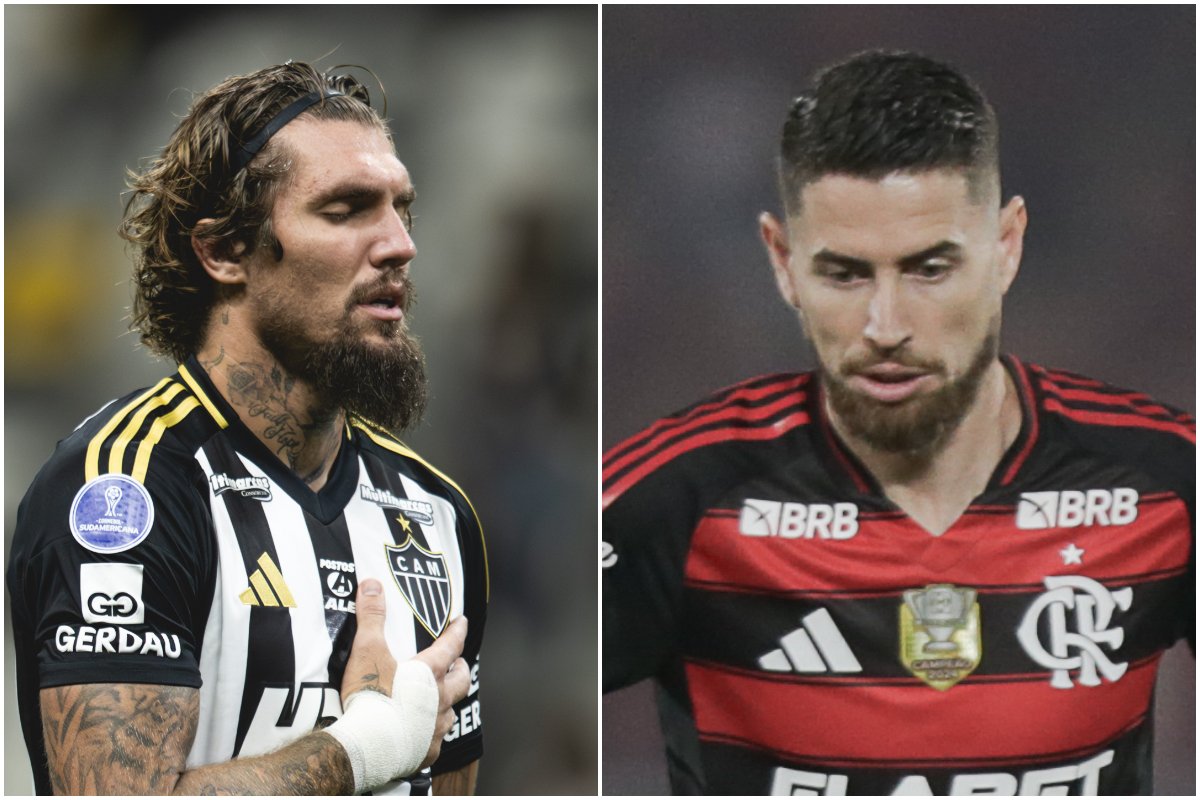 Lyanco durante jogo do Atlético na Arena MRV e Jorginho durante jogo do Flamengo no Maracanã (foto: Pedro Souza/Atlético e Gilvan de Souza/Flamengo)