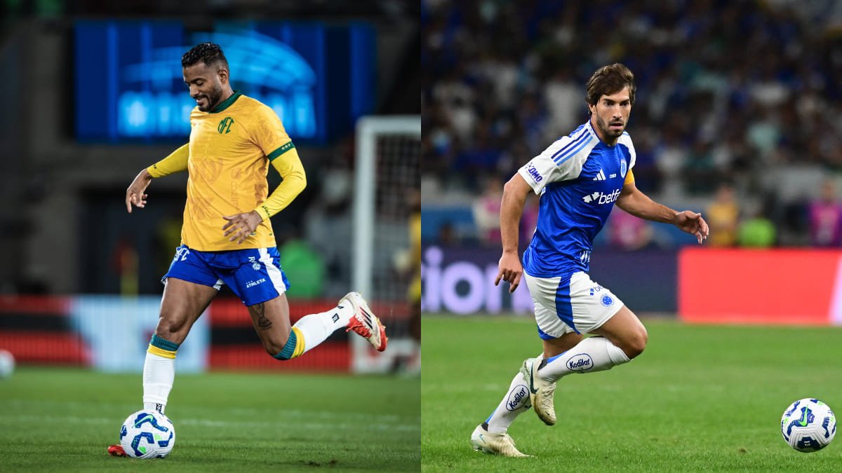 Reinaldo, lateral-esquerdo do Mirassol, e Lucas Silva, volante do Cruzeiro (foto: Pedro Zacchi/Mirassol; Leandro Couri/EM/D.A Press)