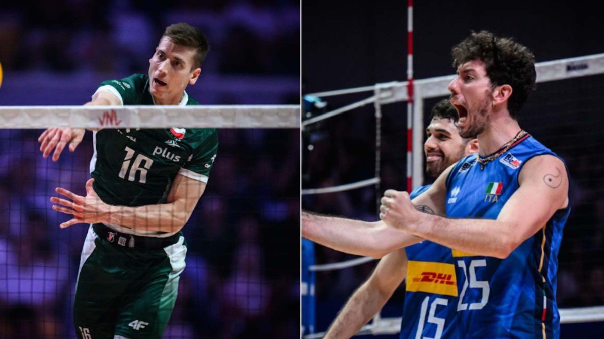 Jogadores de Polônia e Itália pela VNL Masculina (foto: FIVB/Divulgação)