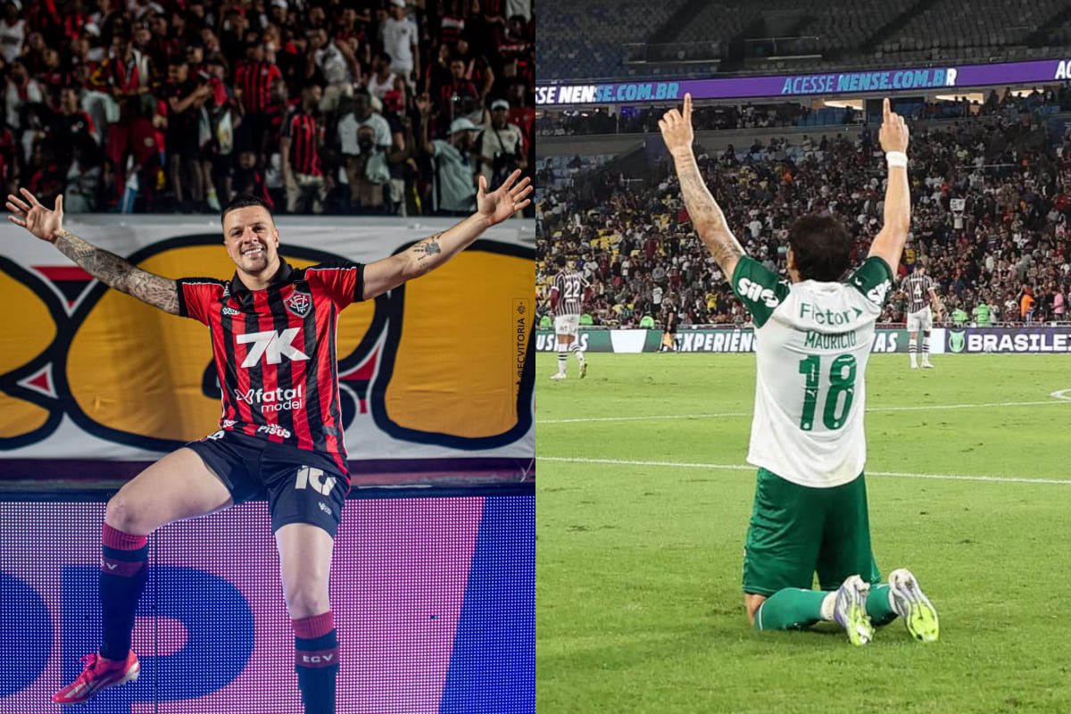 Kayzer e Maurício celebram gols. Equipes buscam vitória no duelo pela Série A (foto: Divulgação/Vitória e Palmeiras)