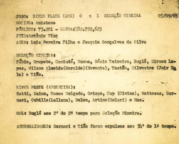 Ficha técnica do jogo inaugural do Mineirão, entre Seleção Mineira e River Plate - (foto: Reprodução/Mineirão)