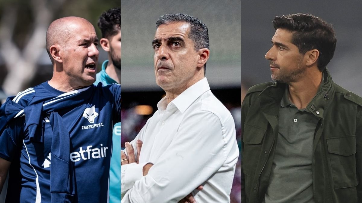 Os três treinadores portugueses na Série A: Leonardo Jardim (Cruzeiro), Abel Ferreira (Palmeiras) e Renato Paiva (Fortaleza) (foto: Gustavo Aleixo/Cruzeiro, Cesar Greco/Palmeiras/by Canon e Mateus Lotif/Fortaleza)