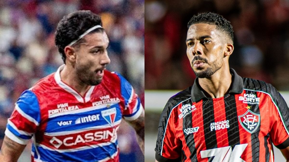 Jogadores de Fortaleza e Vitória (foto: Mateus Lotif/Fortaleza e Victor Ferreira/Vitória)