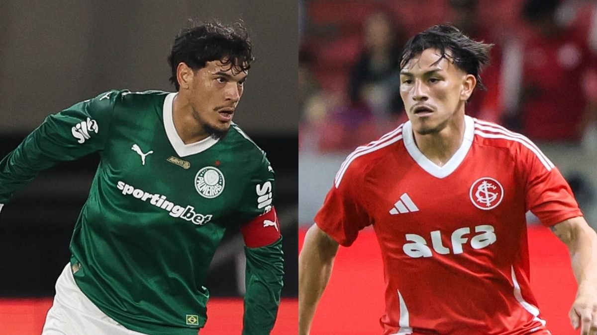 Gustavo Gómez, do Palmeiras, e Bernabei, do Internacional (foto: Cesar Greco/Palmeiras/by Canon e Ricardo Duarte / Internacional)