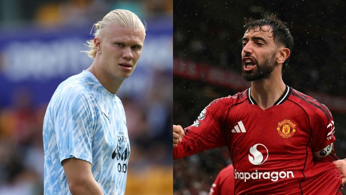 Haaland, do Manchester City, e Bruno Fernandes, do Manchester United (foto: Darren Staples / AFP e Oli SCARFF / AFP)