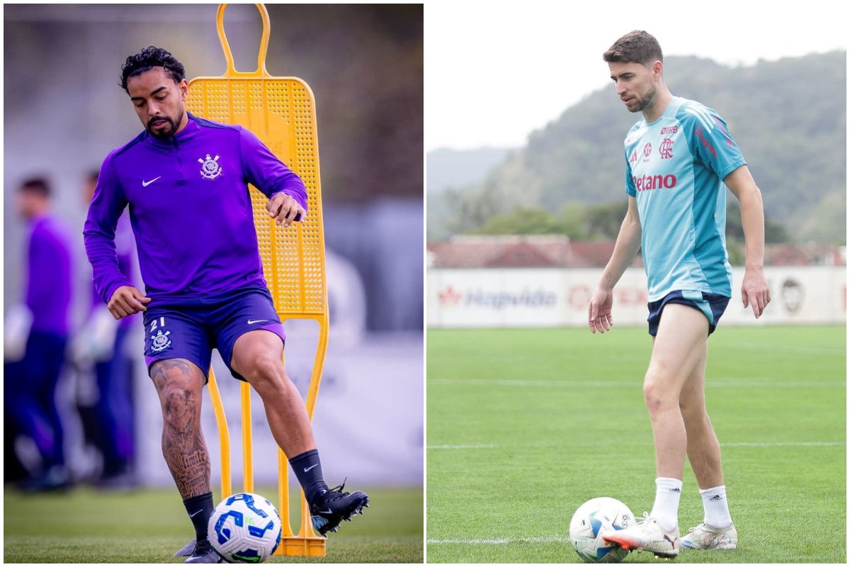 Jogadores de Corinthians e Flamengo durante treino no CT (foto: Rodrigo Coca/Corinthians e Divulgação/Flamengo)