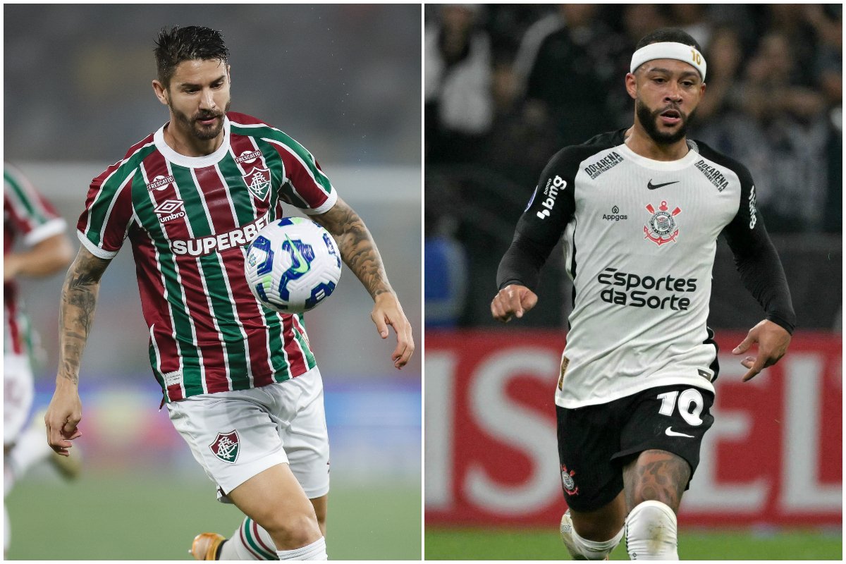 Jogador do Fluminense e do Corinthians em campo (foto: Marcelo Gonçalves/Fluminense e Nelson Almeida/AFP)