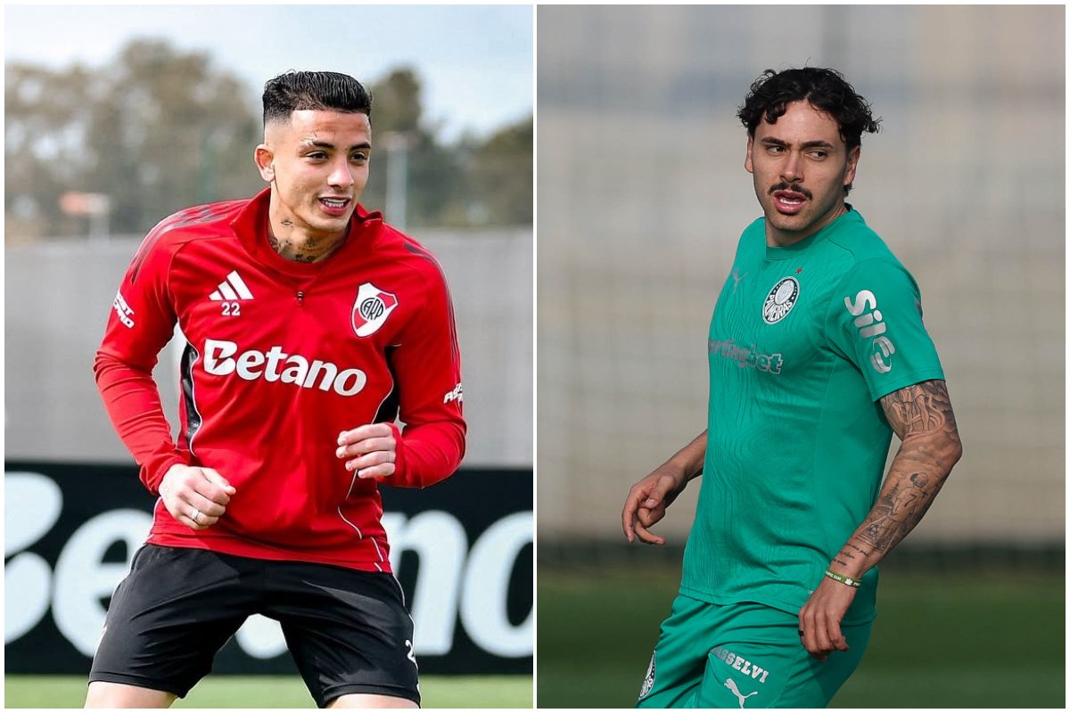 Jogador do River Plate e Palmeiras durante treino (foto: Divulgação/River Plate e Cesar Greco/Palmeiras)