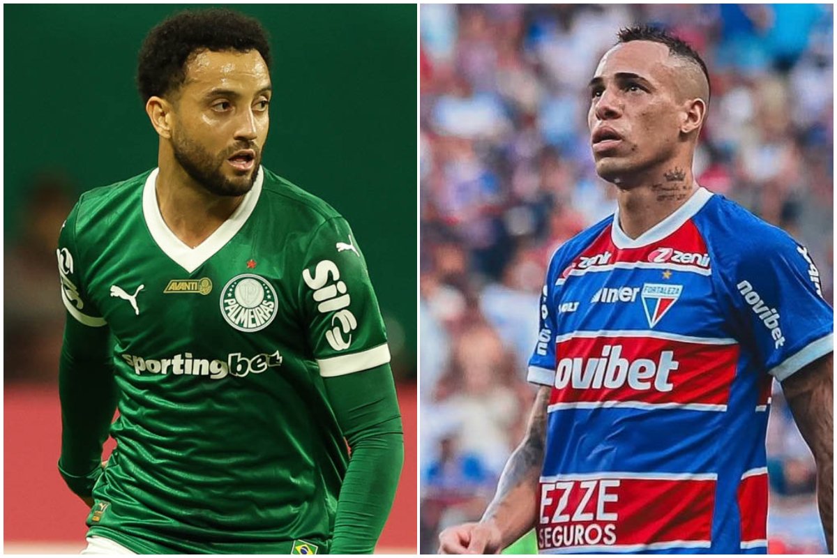 Jogador do Palmeiras e do Fortaleza durante partida (foto: Cesar Greco/Palmeiras e Divulgação/Breno Lopes)