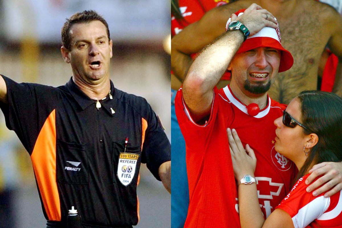 À esquerda, o ex-árbitro Edílson Pereira de Carvalho, envolvido na Máfia do Apito; à direita, torcedor do Internacional chora após perda do título brasileiro de 2005 (foto: REUTERS/Agencia O Globo (25/9/2005) - EUTERS/Cesar Ferrari (4/12/2005))