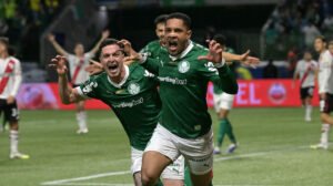 Jogadores do Palmeiras comemoram gol contra o River Plate no Allianz Parque - Crédito: 