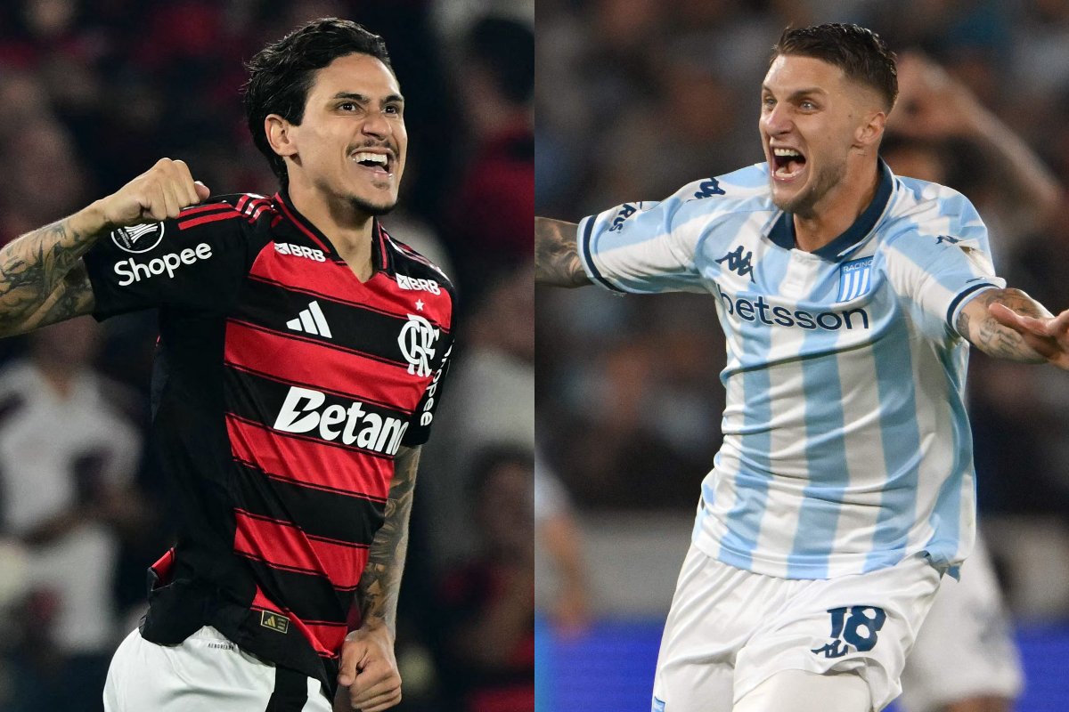 Pedro, atacante do Flamengo, e Franco Pardo, zagueiro do Racing (foto: Pablo PORCIUNCULA/AFP e Luis ROBAYO/AFP)