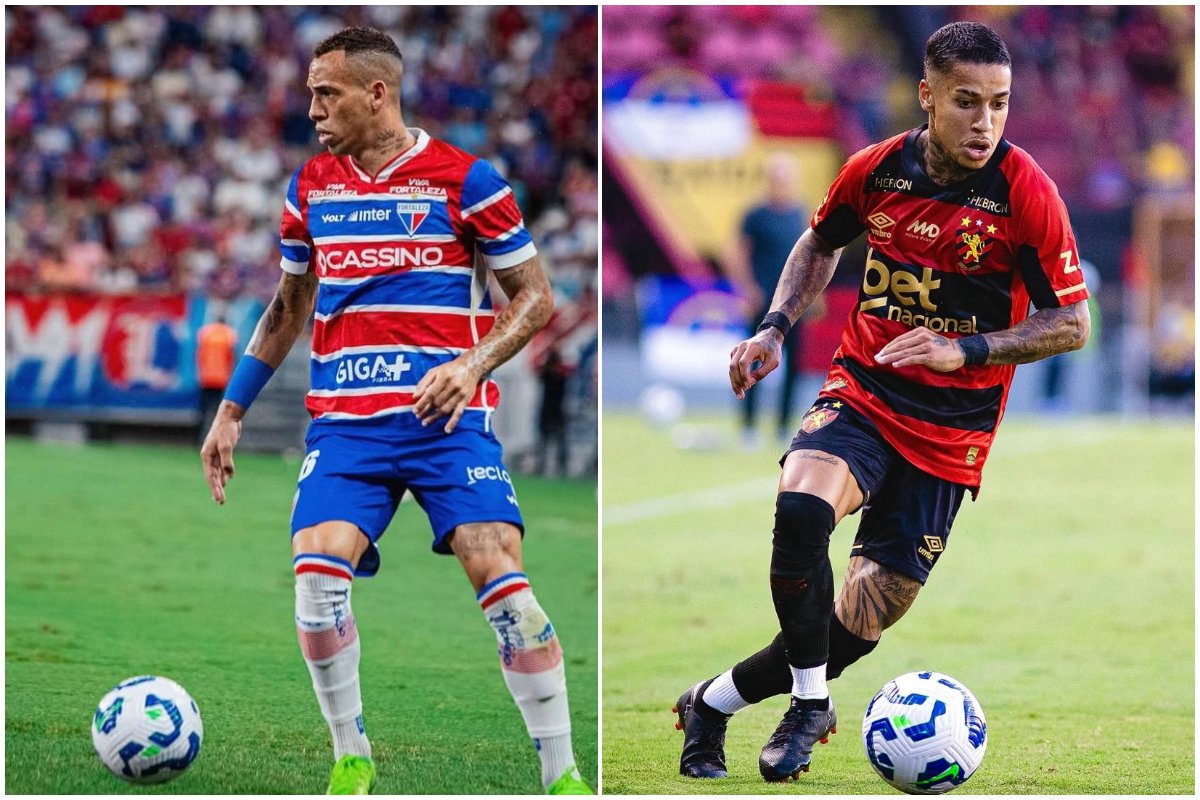 Jogador do Fortaleza e Sport em campo (foto: Divulgação/Breno Lopes e Divulgação/Matheus Leonardo)