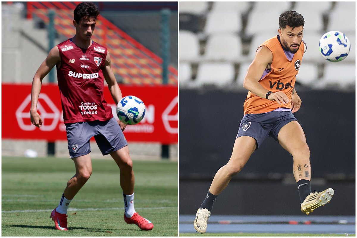 Jogador do São Paulo e do Botafogo durante treino (foto: Rubens Chiri/São Paulo e Vitor Silva/Botafogo)