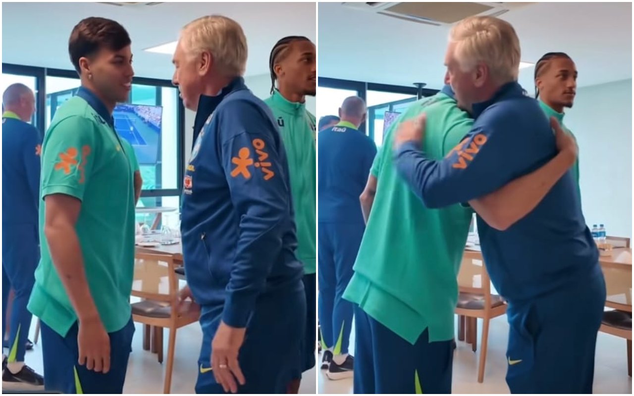 Kaio Jorge e Ancelotti se encontram e se abraçma (foto: CBF/Divulgação)