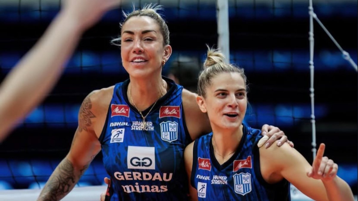 Thaisa (esquerda) e Nowicka (direita), central e levantadora do time de vôlei feminino do Minas (foto: Hedgard Moraes/MTC)