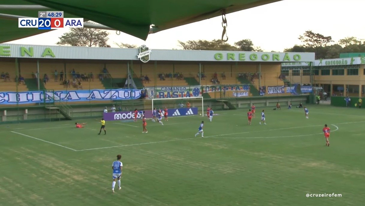 Cruzeiro recebeu Araguari no Gregorão, neste sábado (20/9), pela primeira rodada do Mineiro Feminino, e goleou por 20 a 0 (foto: Reprodução/TV Cruzeiro)