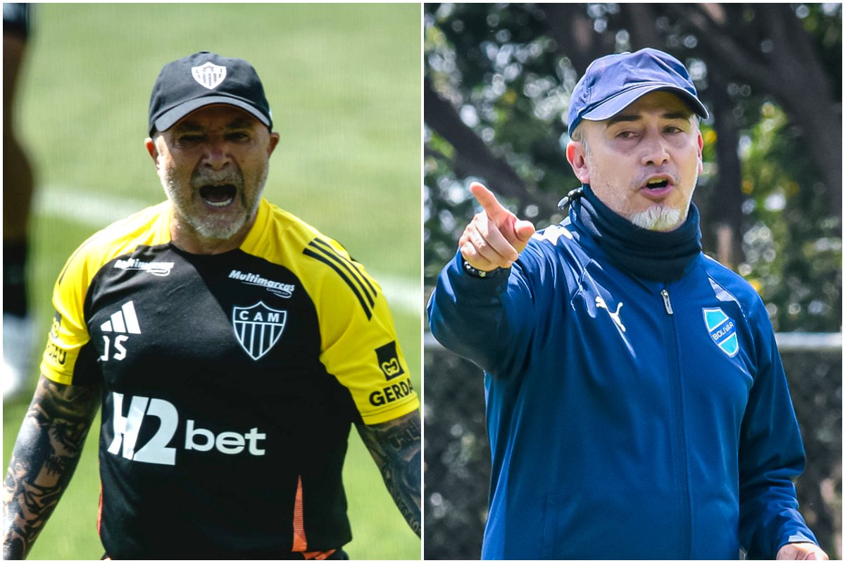 Jorge Sampaoli e Flavio Robatto, técnicos de Atlético e Bolívar, respectivamente (foto: Montagem com imagens de Pedro Souza/Atlético e Divulgação/Bolívar)