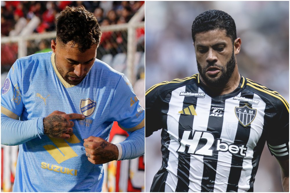 Batallini e Hulk, atacantes de Bolívar e Atlético, respectivamente (foto: Montagem com imagens de Oswald Charca/AFP e Pedro Souza/Atlético)