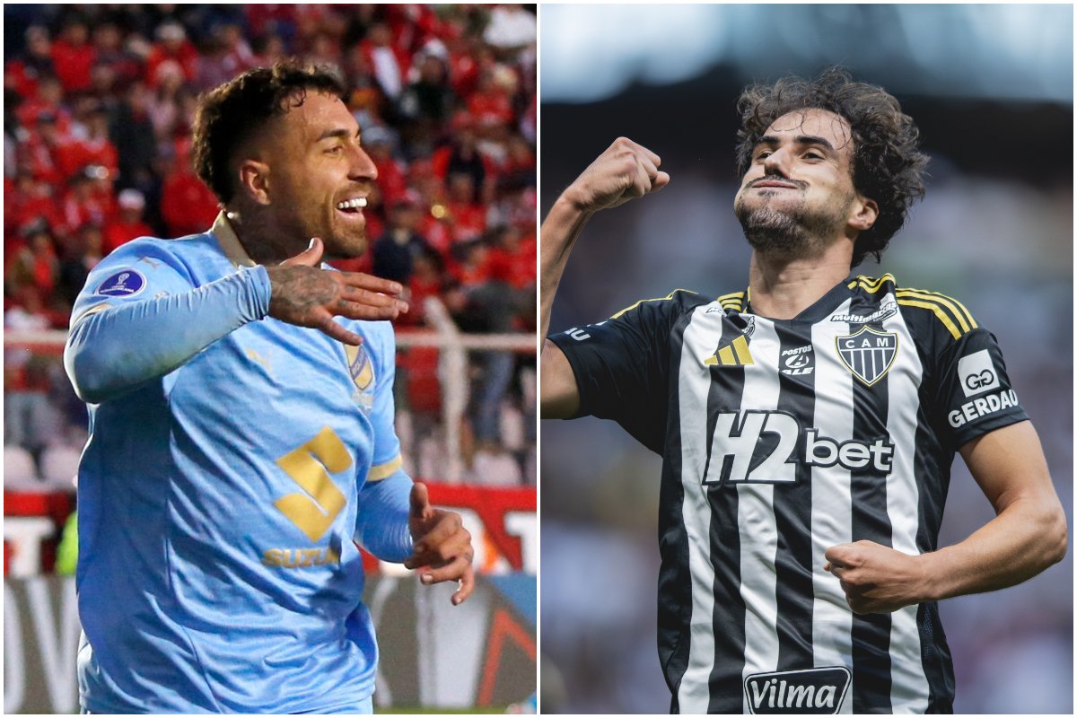 Damián Battallini, do Bolívar, e Igor Gomes, do Atlético (foto: Montagem com imagens de Oswald Charca/AFP e Pedro Souza/Atlético)