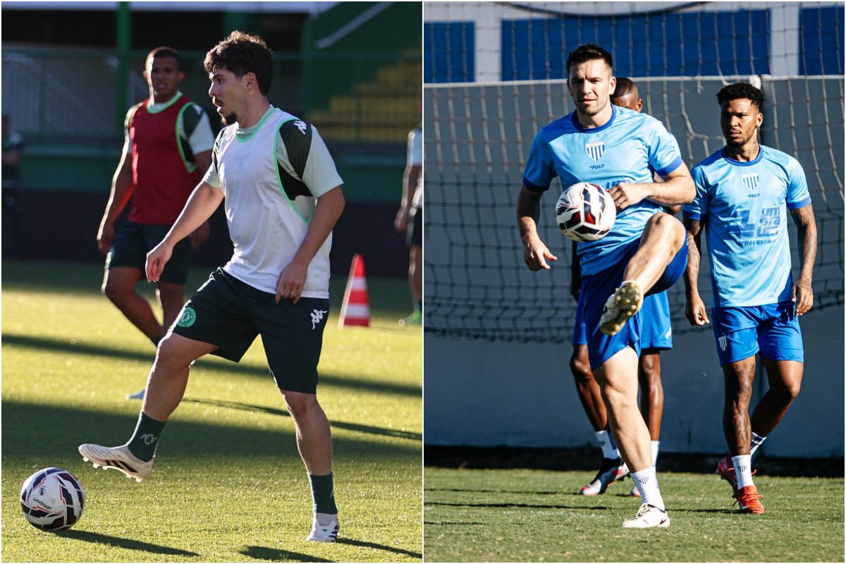 Na esquerda, atleta da Chapecoense treina com a bola e colete branco. Na direita, atletas do Avaí treinam com a bola vestindo uniforme azul (foto: Luiz Ferrazzo/Chapecoense e Leandro Boeira/Avaí)