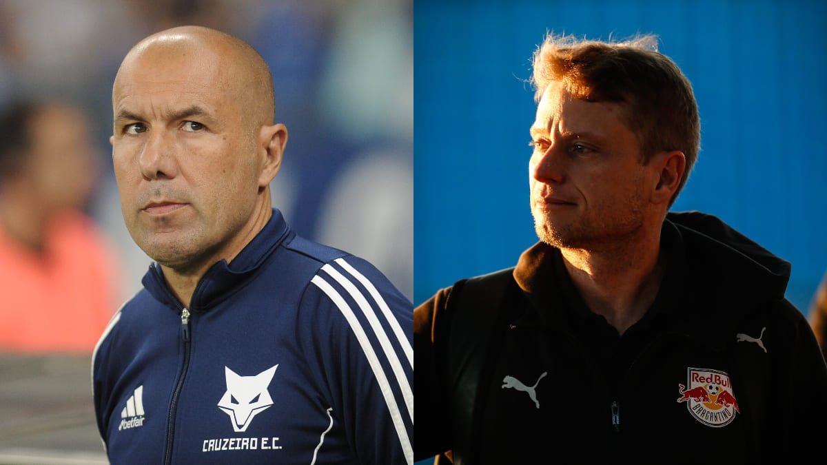 Leonardo Jardim, técnico do Cruzeiro; e Fernando Seabra, comandante do Bragantino (foto: Alexandre Guzanshe/EM/D.A Press; Ari Ferreira/Bragantino)